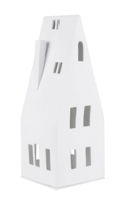 Weißes Lichthaus mit Spitzdach und Fensteröffnungen, Dekoration für stimmungsvolle Beleuchtung.